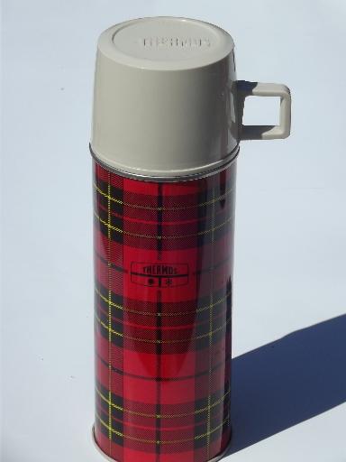 photo of vintage thermos bottles for lunch or picnics, red tartanware plaid #6