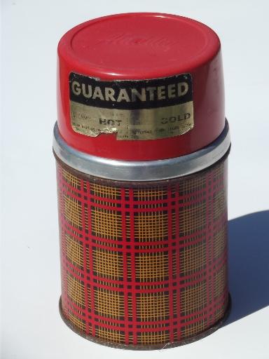 photo of vintage thermos bottles for lunch or picnics, red tartanware plaid #8