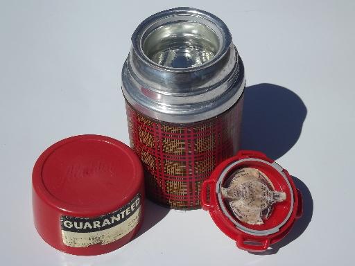 photo of vintage thermos bottles for lunch or picnics, red tartanware plaid #9