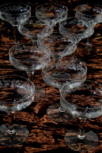 photo of vintage thistle etched glass stemware, saucer coupe champagne glasses set of 10 #1