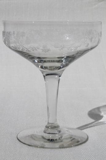 photo of vintage thistle etched glass stemware, saucer coupe champagne glasses set of 10 #7