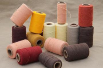 catalog photo of vintage thread spools, lot of embroidery yarn in primitive earth tone colors