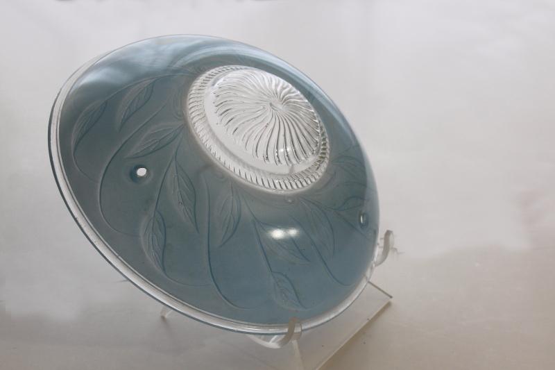 photo of vintage three hole hanging light shade, sky blue w/ art deco leaf pattern #1