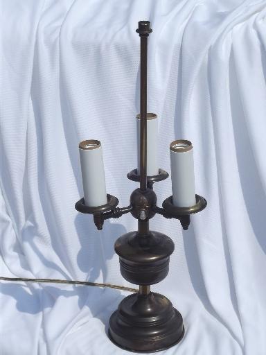 photo of vintage three light candelabra candlestick lamp, antique brass finish #1