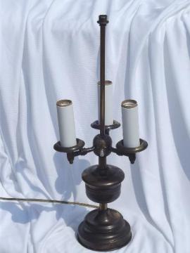 catalog photo of vintage three light candelabra candlestick lamp, antique brass finish