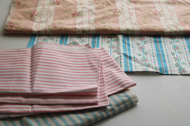 photo of vintage ticking fabric stripes & florals, lot of small pieces for craft sewing projects #1