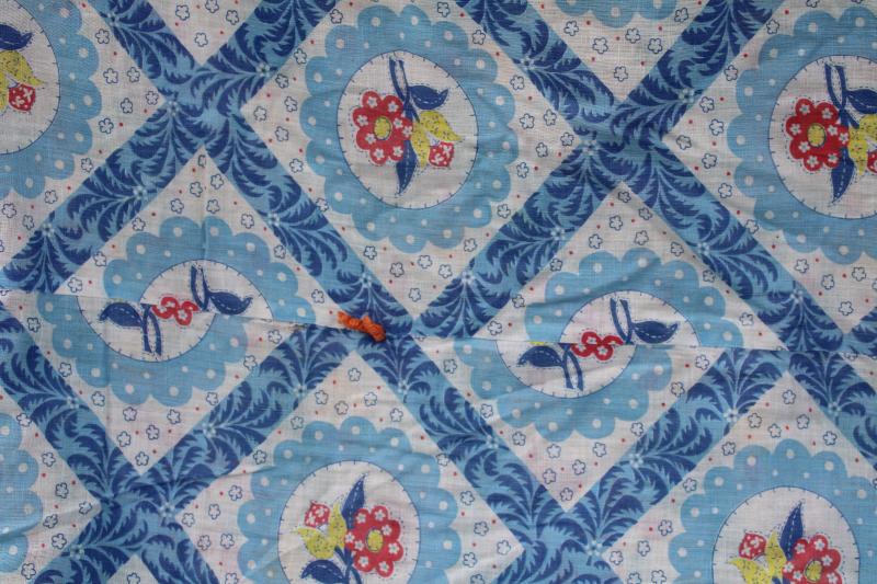 photo of vintage tied quilt comforter, light cotton feed sack fabric blue flowery print #3