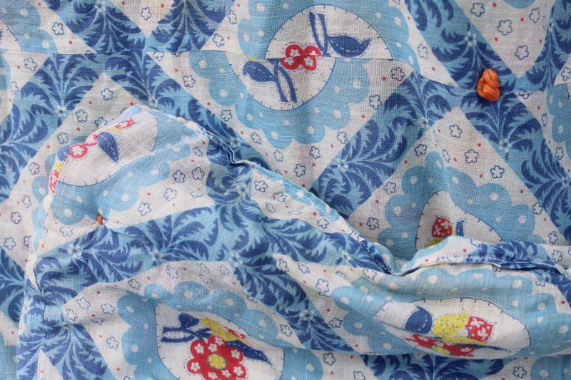 photo of vintage tied quilt comforter, light cotton feed sack fabric blue flowery print #4