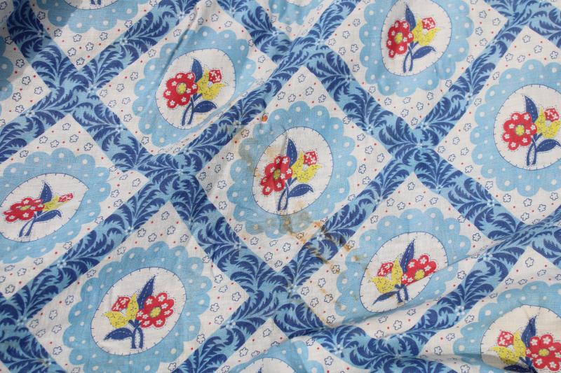 photo of vintage tied quilt comforter, light cotton feed sack fabric blue flowery print #6