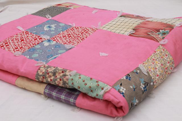 photo of vintage tied quilt patchwork bedspread, candy pink cotton w/ print fabrics #1