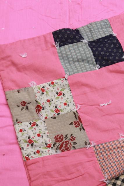 photo of vintage tied quilt patchwork bedspread, candy pink cotton w/ print fabrics #2