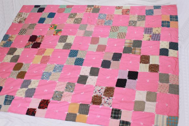 photo of vintage tied quilt patchwork bedspread, candy pink cotton w/ print fabrics #3