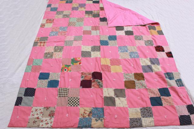 photo of vintage tied quilt patchwork bedspread, candy pink cotton w/ print fabrics #4