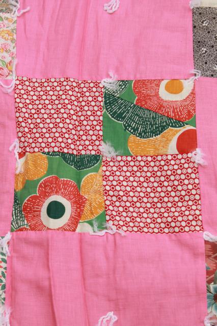 photo of vintage tied quilt patchwork bedspread, candy pink cotton w/ print fabrics #6