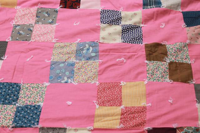 photo of vintage tied quilt patchwork bedspread, candy pink cotton w/ print fabrics #8