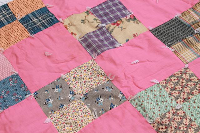 photo of vintage tied quilt patchwork bedspread, candy pink cotton w/ print fabrics #9