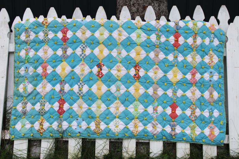 photo of vintage tied quilt, puffy baby crib cover bow-tie patchwork cotton prints w/ turquoise #1