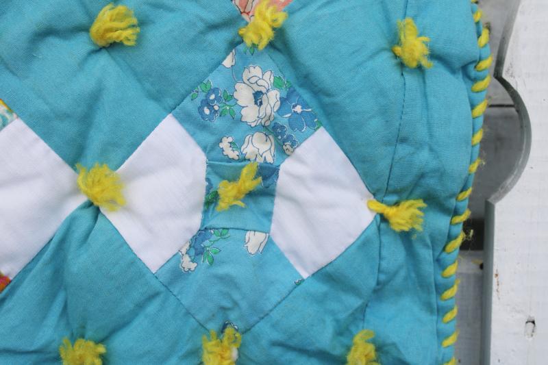 photo of vintage tied quilt, puffy baby crib cover bow-tie patchwork cotton prints w/ turquoise #3