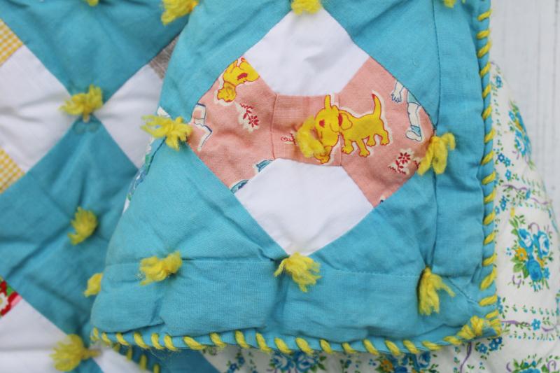 photo of vintage tied quilt, puffy baby crib cover bow-tie patchwork cotton prints w/ turquoise #4