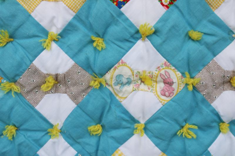 photo of vintage tied quilt, puffy baby crib cover bow-tie patchwork cotton prints w/ turquoise #5