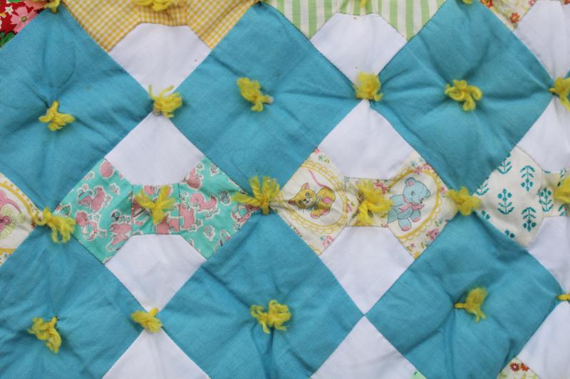 photo of vintage tied quilt, puffy baby crib cover bow-tie patchwork cotton prints w/ turquoise #6