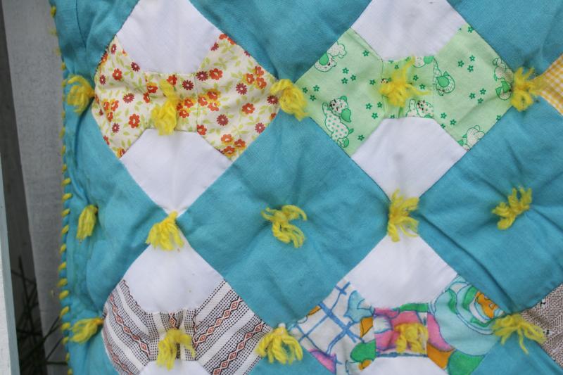 photo of vintage tied quilt, puffy baby crib cover bow-tie patchwork cotton prints w/ turquoise #7