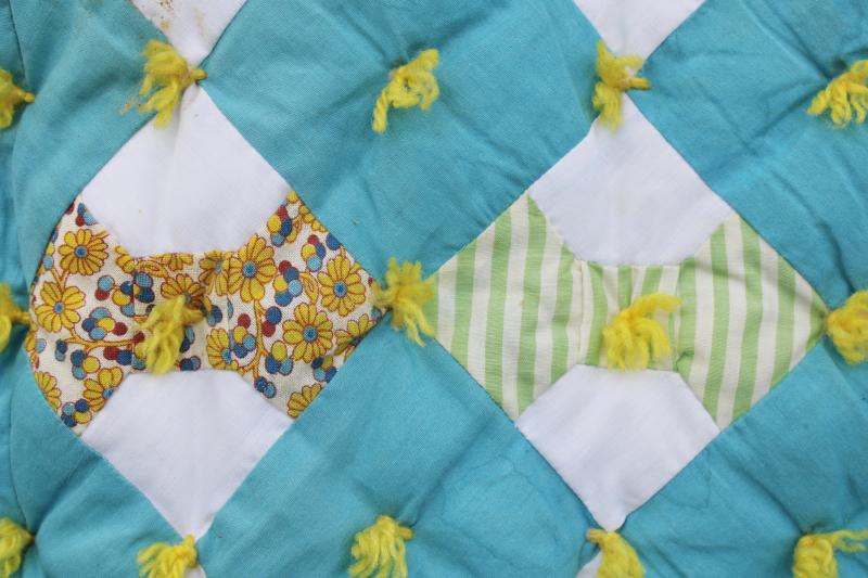 photo of vintage tied quilt, puffy baby crib cover bow-tie patchwork cotton prints w/ turquoise #8