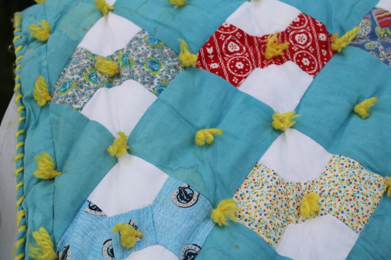 photo of vintage tied quilt, puffy baby crib cover bow-tie patchwork cotton prints w/ turquoise #9