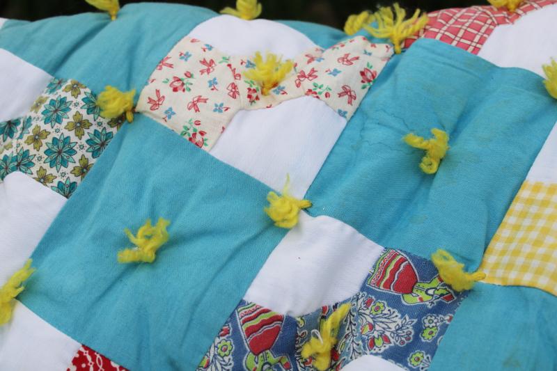 photo of vintage tied quilt, puffy baby crib cover bow-tie patchwork cotton prints w/ turquoise #10