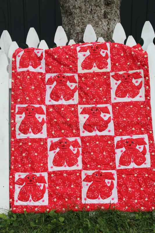 photo of vintage tied quilt, red & white calico puppy dog applique baby crib cover comforter #1