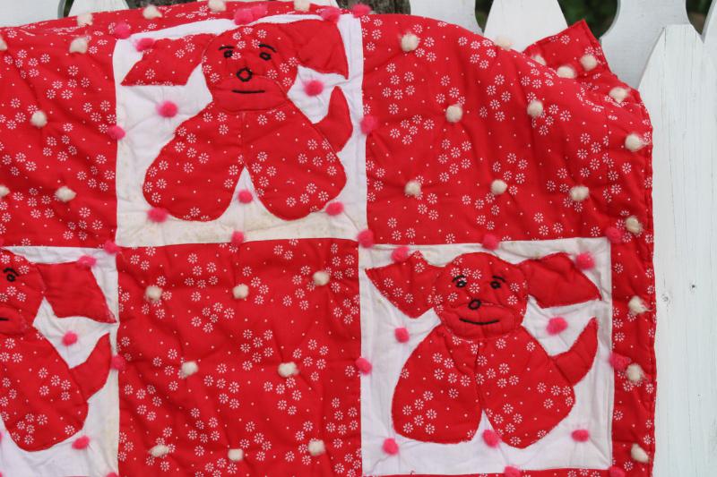 photo of vintage tied quilt, red & white calico puppy dog applique baby crib cover comforter #2