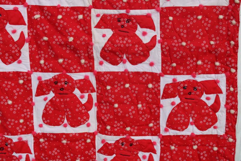 photo of vintage tied quilt, red & white calico puppy dog applique baby crib cover comforter #3