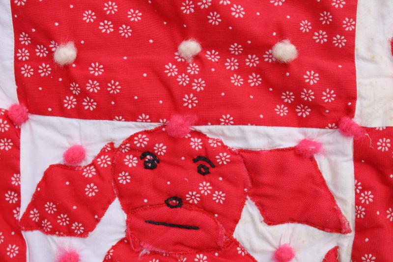 photo of vintage tied quilt, red & white calico puppy dog applique baby crib cover comforter #4