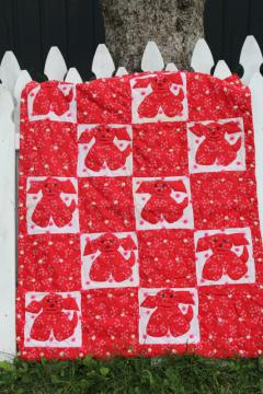 catalog photo of vintage tied quilt, red & white calico puppy dog applique baby crib cover comforter