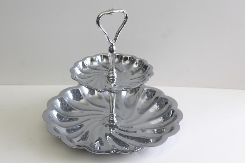 photo of vintage tiered plate, shiny silver chrome plated server tray for cake or sandwiches #1