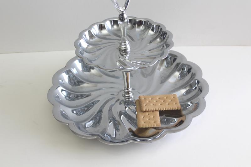 photo of vintage tiered plate, shiny silver chrome plated server tray for cake or sandwiches #2