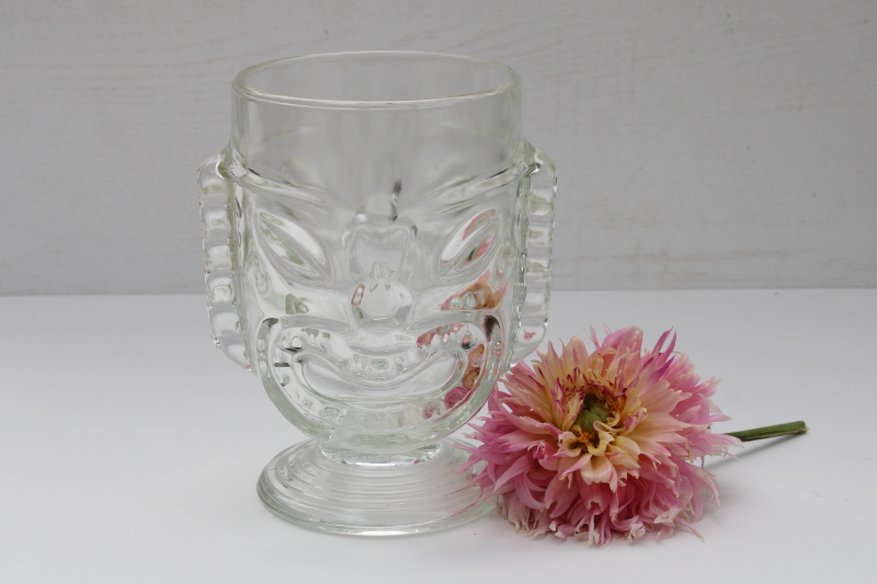 photo of vintage tiki cup, happy sad face glass head vase, candle holder, drinking glass #1