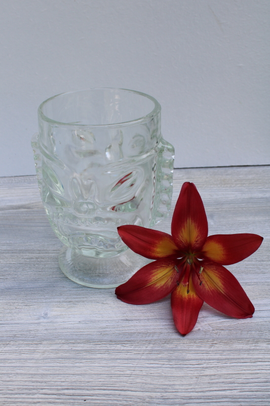 photo of vintage tiki cup, large heavy clear glass head for vase, candle holder, drinking glass #1