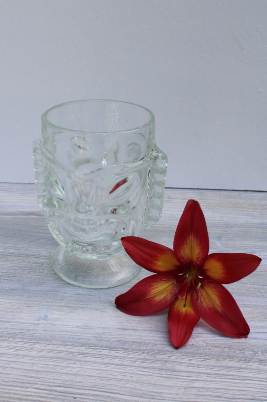 photo of vintage tiki cup, large heavy clear glass head for vase, candle holder, drinking glass #2