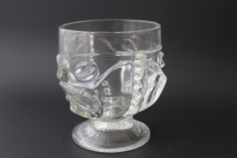 photo of vintage tiki cup or vase, large heavy clear glass head, happy / sad two faced mug #5