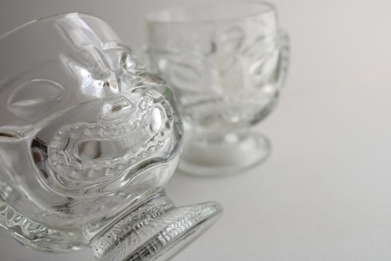 photo of vintage tiki cups, large heavy clear glass heads for vases, candle holders, drinking glasses #2