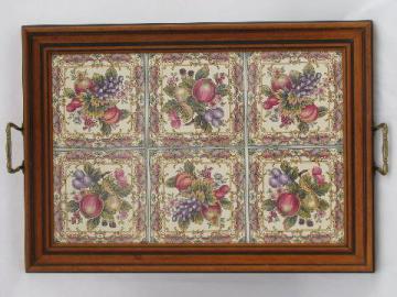 catalog photo of vintage tiled tray, flower patterned ceramic tiles framed in wood, brass handles