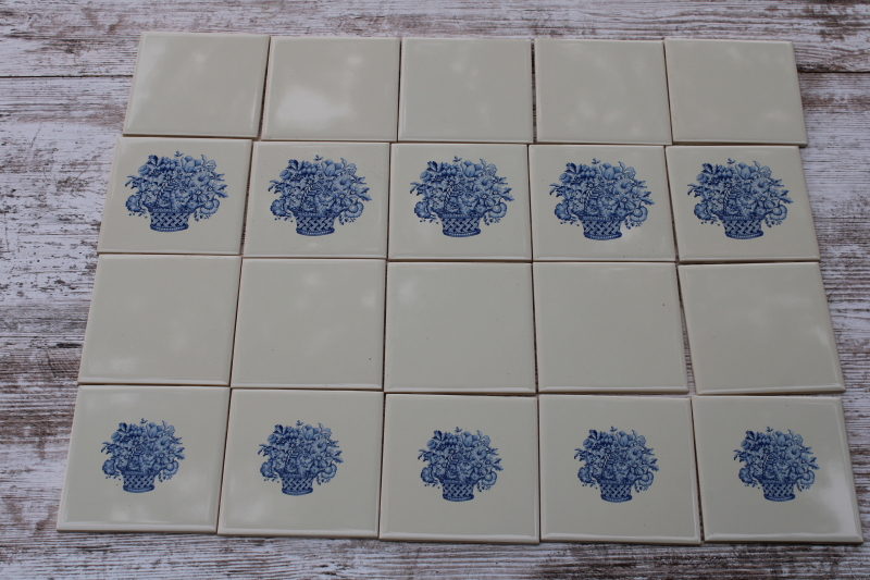 photo of vintage tiles blue flower baskets on ivory white, antique french country style for cottage kitchen #1