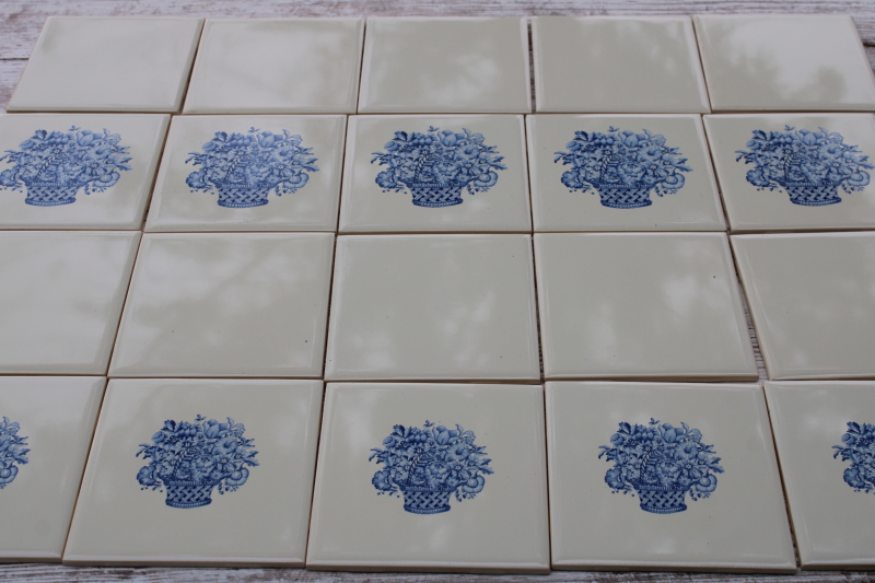 photo of vintage tiles blue flower baskets on ivory white, antique french country style for cottage kitchen  #2