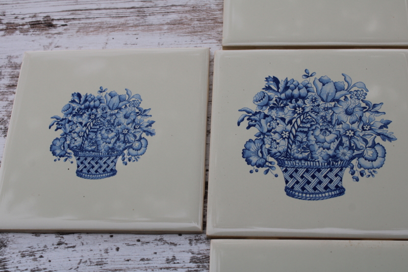 photo of vintage tiles blue flower baskets on ivory white, antique french country style for cottage kitchen  #3