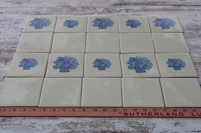 photo of vintage tiles blue flower baskets on ivory white, antique french country style for cottage kitchen  #4
