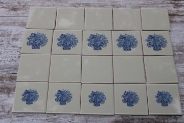 catalog photo of vintage tiles blue flower baskets on ivory white, antique french country style for cottage kitchen 