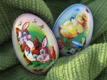 catalog photo of vintage tin Easter egg candy containers, 50s-60s metal litho print eggs