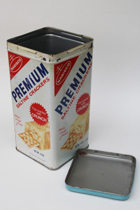 photo of vintage tin Premium saltines crackers, old Nabisco advertising canister #5