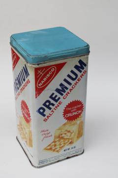 catalog photo of vintage tin Premium saltines crackers, old Nabisco advertising canister